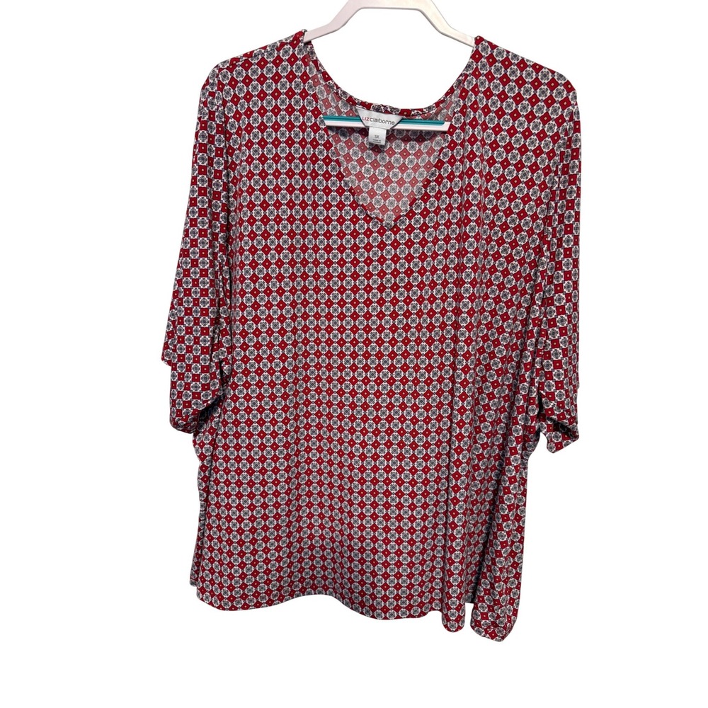 Liz Claiborne Womens 5X Red Geometric Floral V-Neck Grommet Tie Sleeve Top